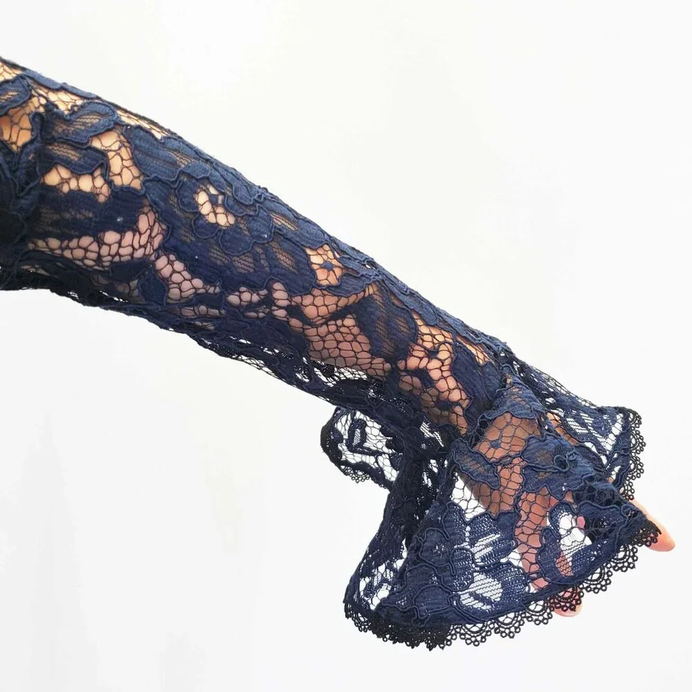 Alexis Womens Pollie Illusion Voulant Bodysuit Lace Top Blouse Navy - NWT M
